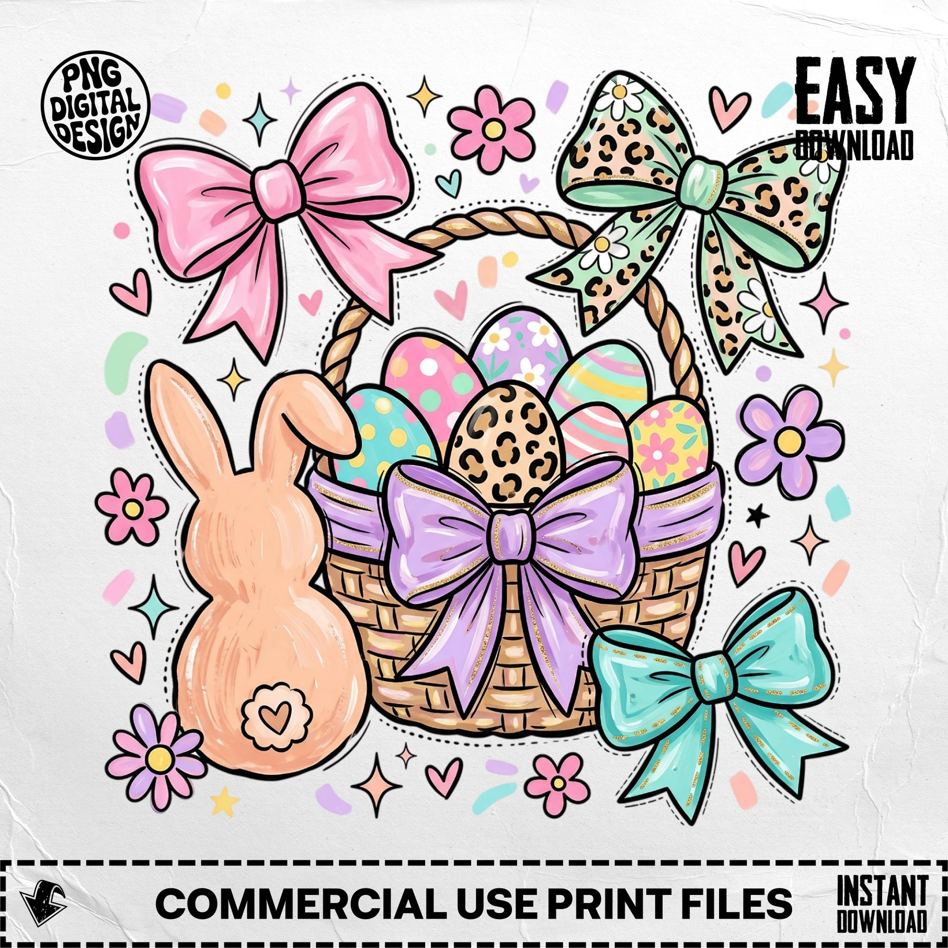 Easter basket with bunny, eggs, and bows, "Commercial Use Print Files"