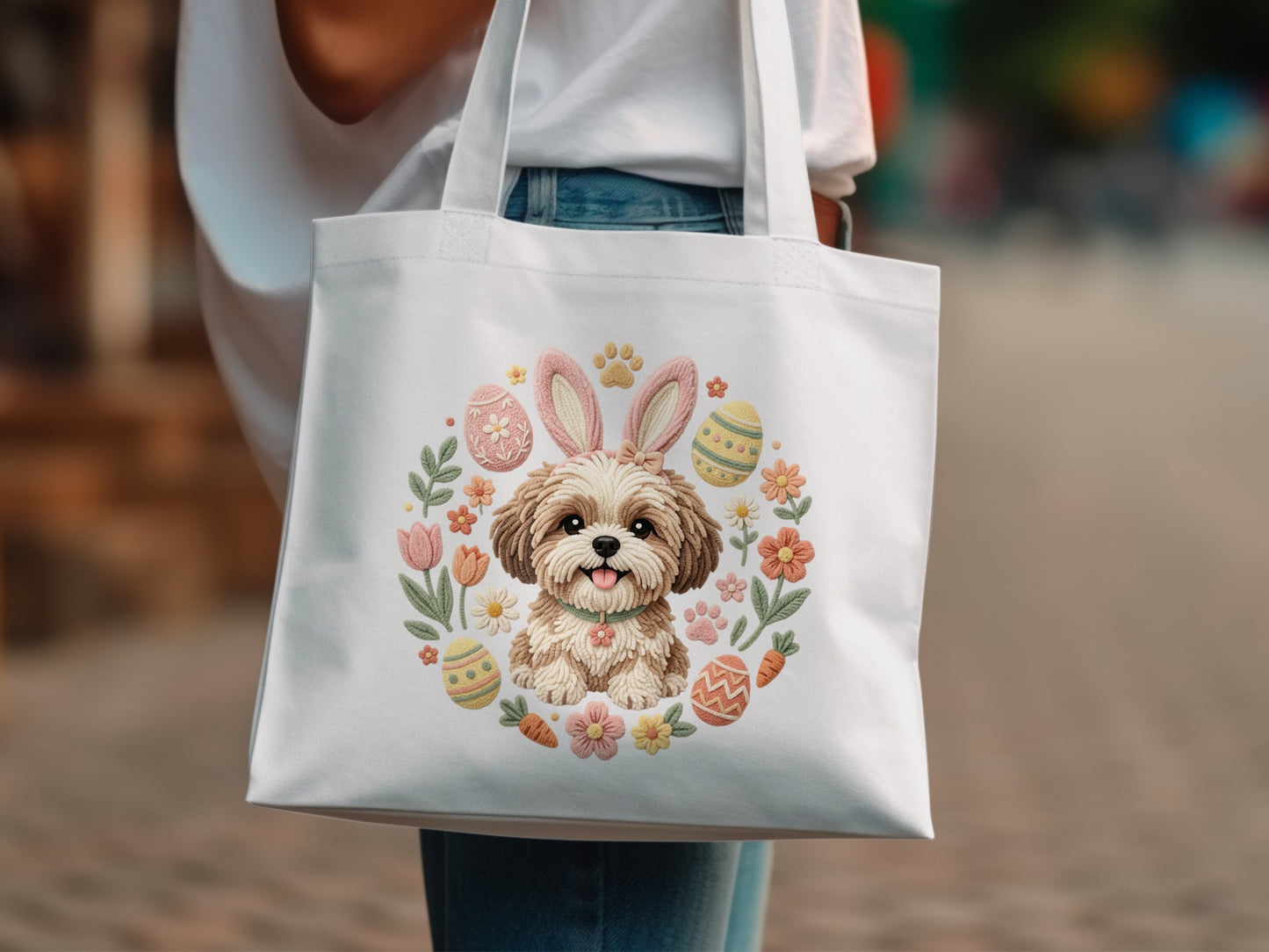 White tote bag with Easter-themed graphic of a dog and decorations.