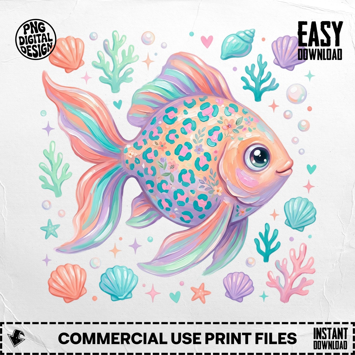 Cartoon goldfish with coral and seashells, "PNG Digital Design" and "Easy Download".