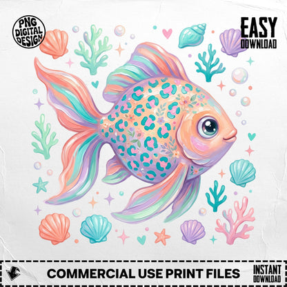 Cartoon goldfish with coral and seashells, "PNG Digital Design" and "Easy Download".