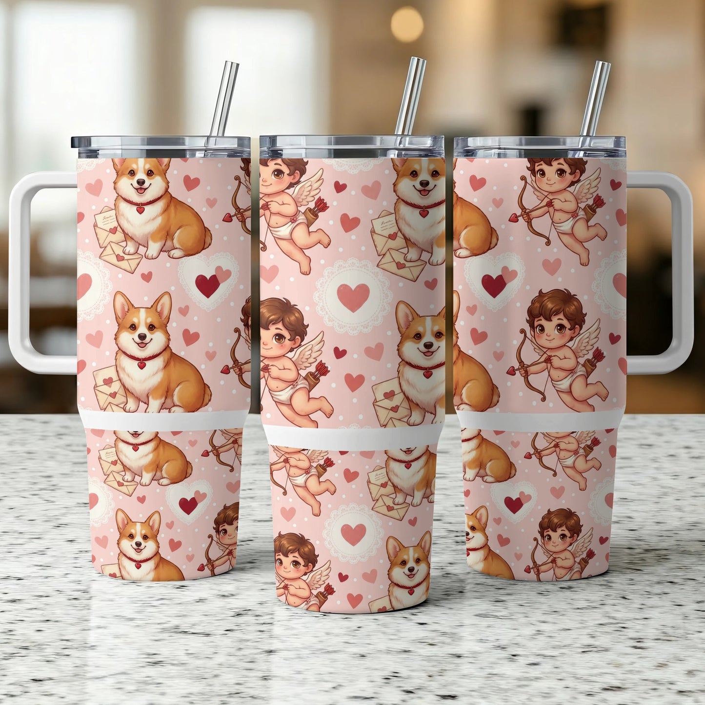 Three pink tumblers with corgi and cupid heart Valentine's Day pattern.