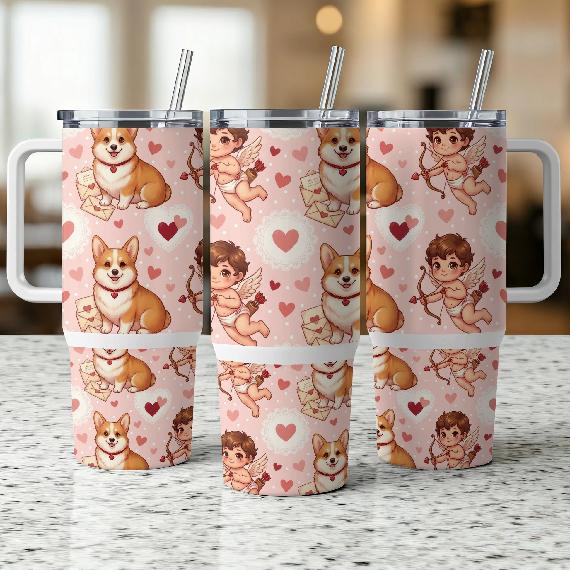 Three pink tumblers with corgi and cupid heart Valentine's Day pattern.