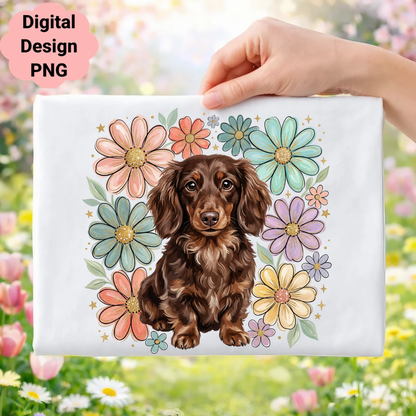 Dachshund surrounded by pastel flowers and digital design PNG text.