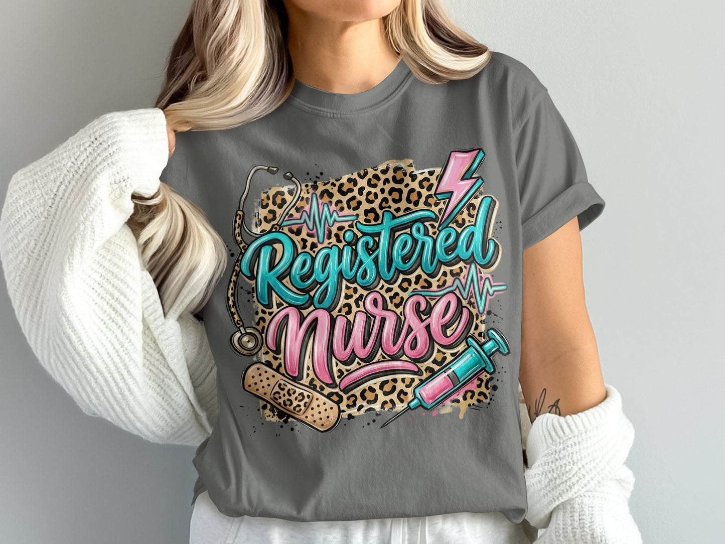 Registered Nurse text with stethoscope, band-aid, syringe, and lightning bolt.