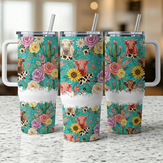 Three tumblers with floral and highland cow patterns.