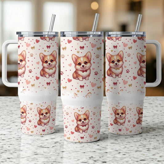 Three tumblers with a repeating corgi dog and bow pattern.