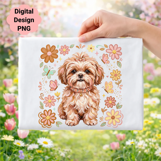 Fluffy dog with flowers and butterflies, digital design.