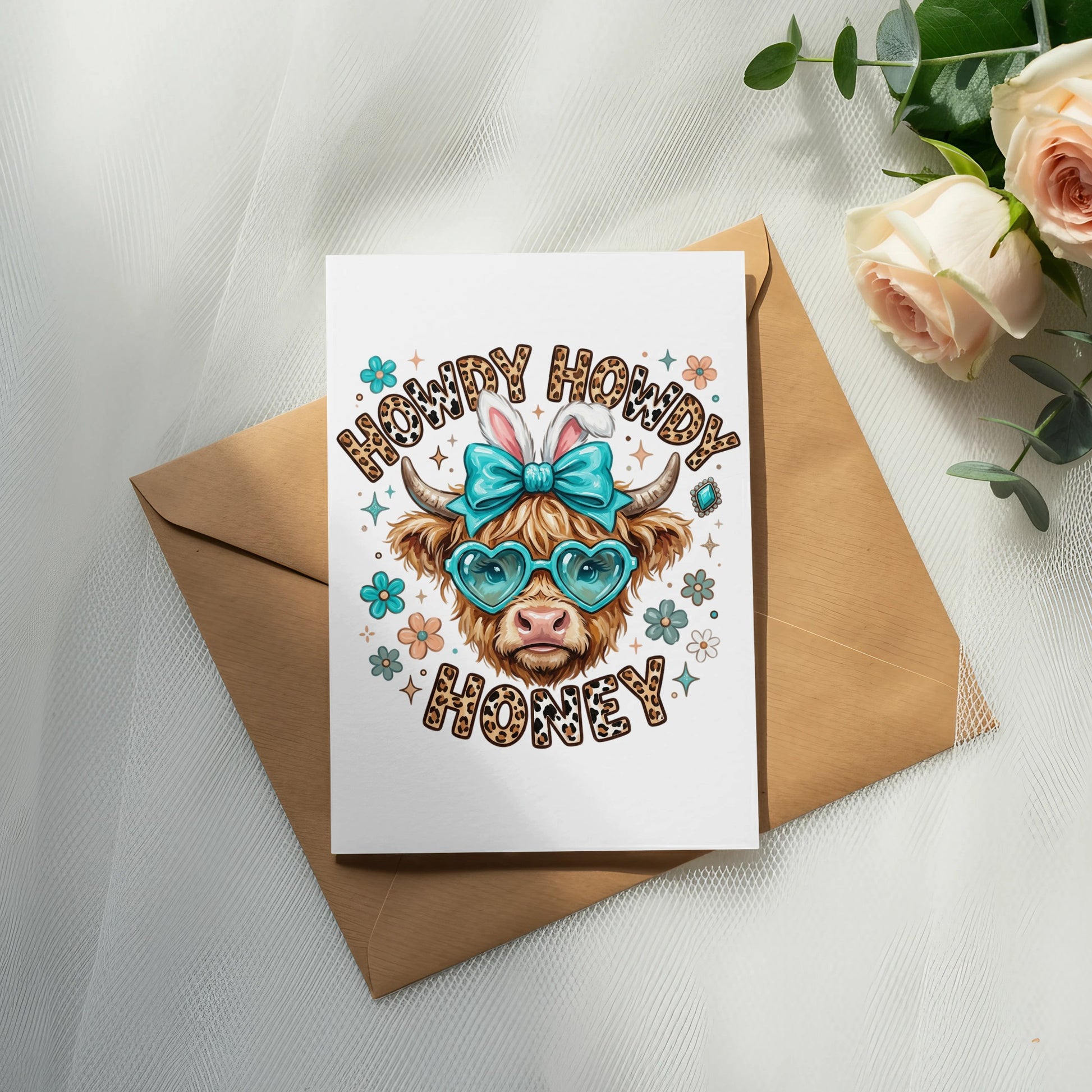 Card with cartoon cow wearing heart sunglasses and "Howdy Howdy Honey" text.