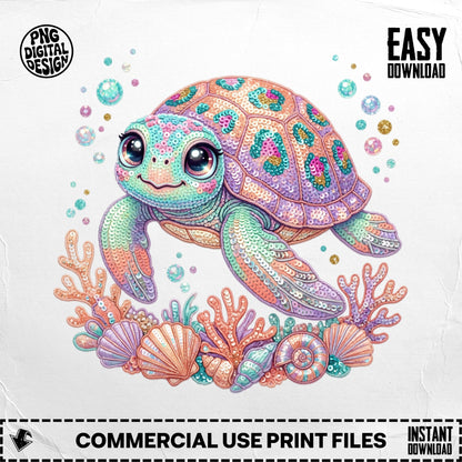 Cute cartoon turtle with colorful sequined shell swimming among coral and shells.