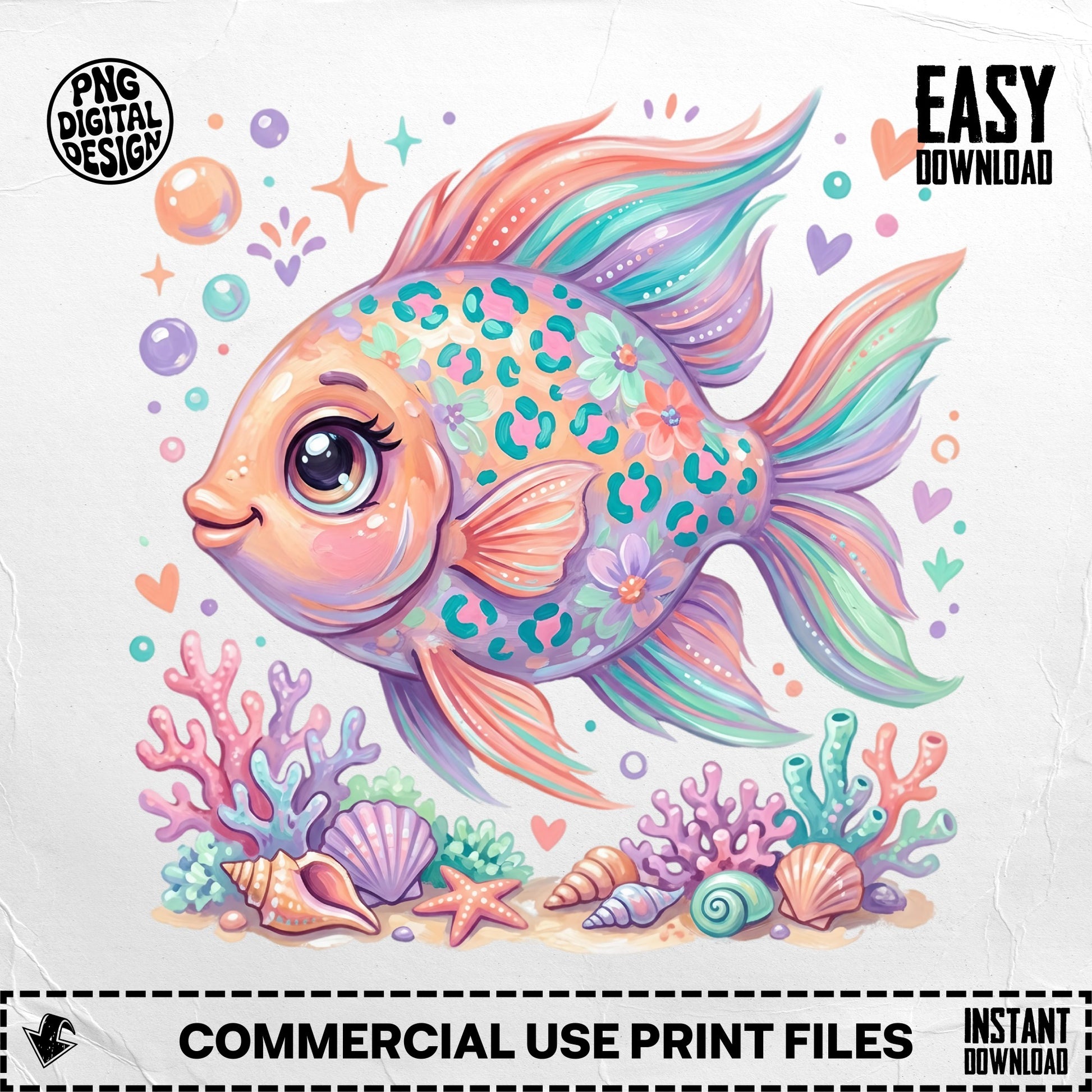 Cartoon fish with floral pattern swimming near coral and shells.