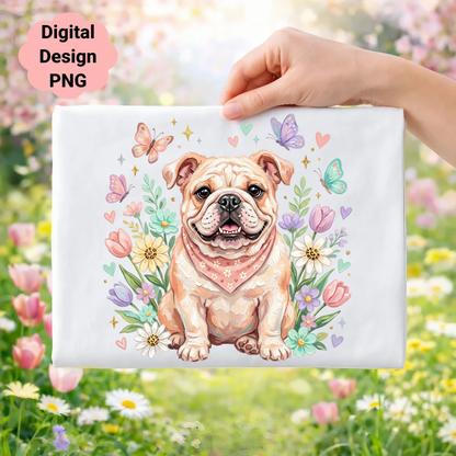 English Bulldog with bandana surrounded by flowers and butterflies.