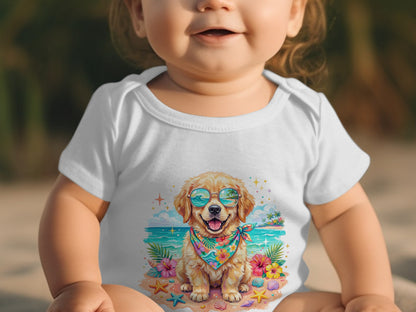 Baby in white onesie with a golden retriever wearing sunglasses and bandana graphic.