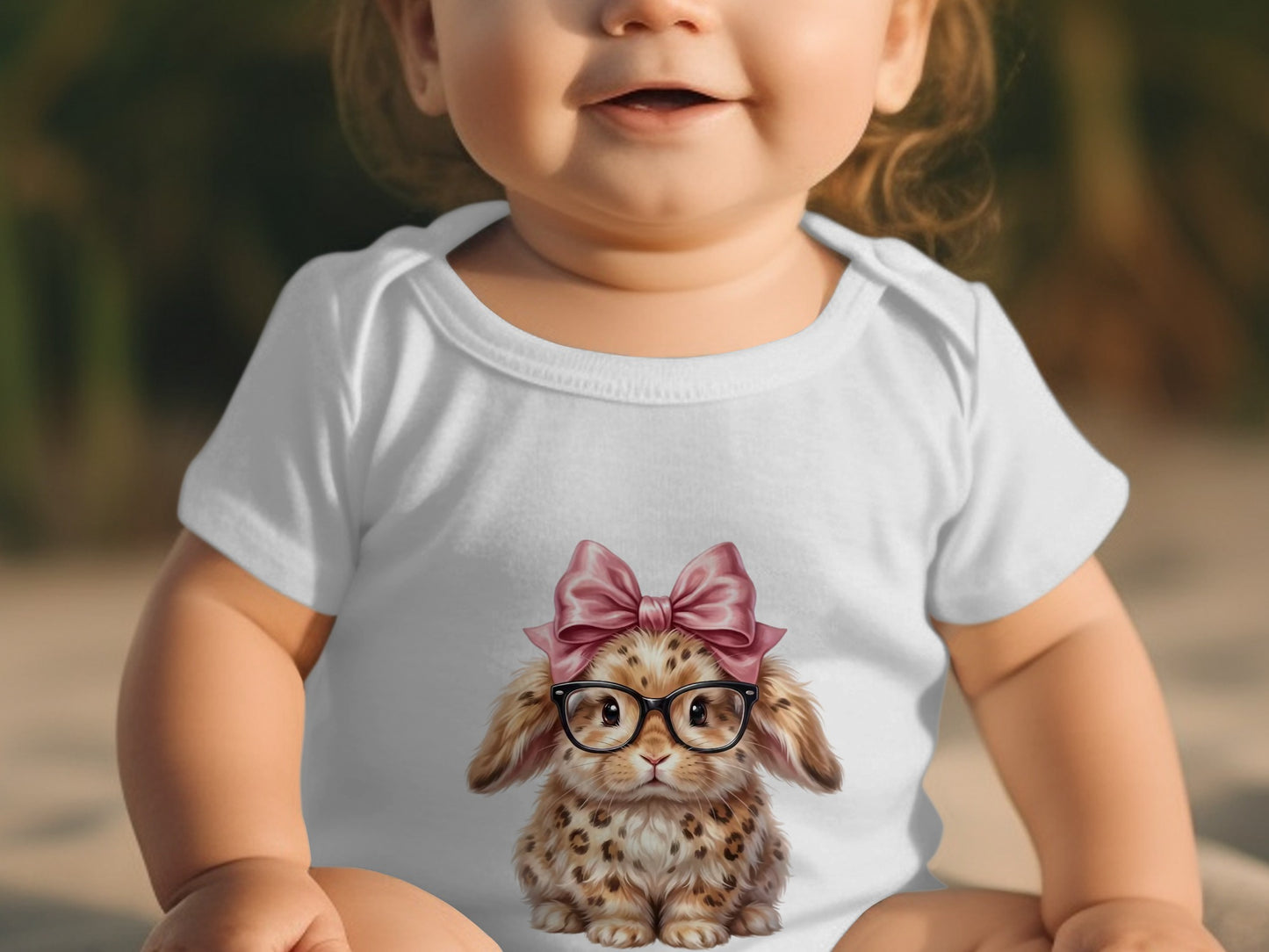 Baby in white onesie with a cartoon bunny wearing glasses and a pink bow.
