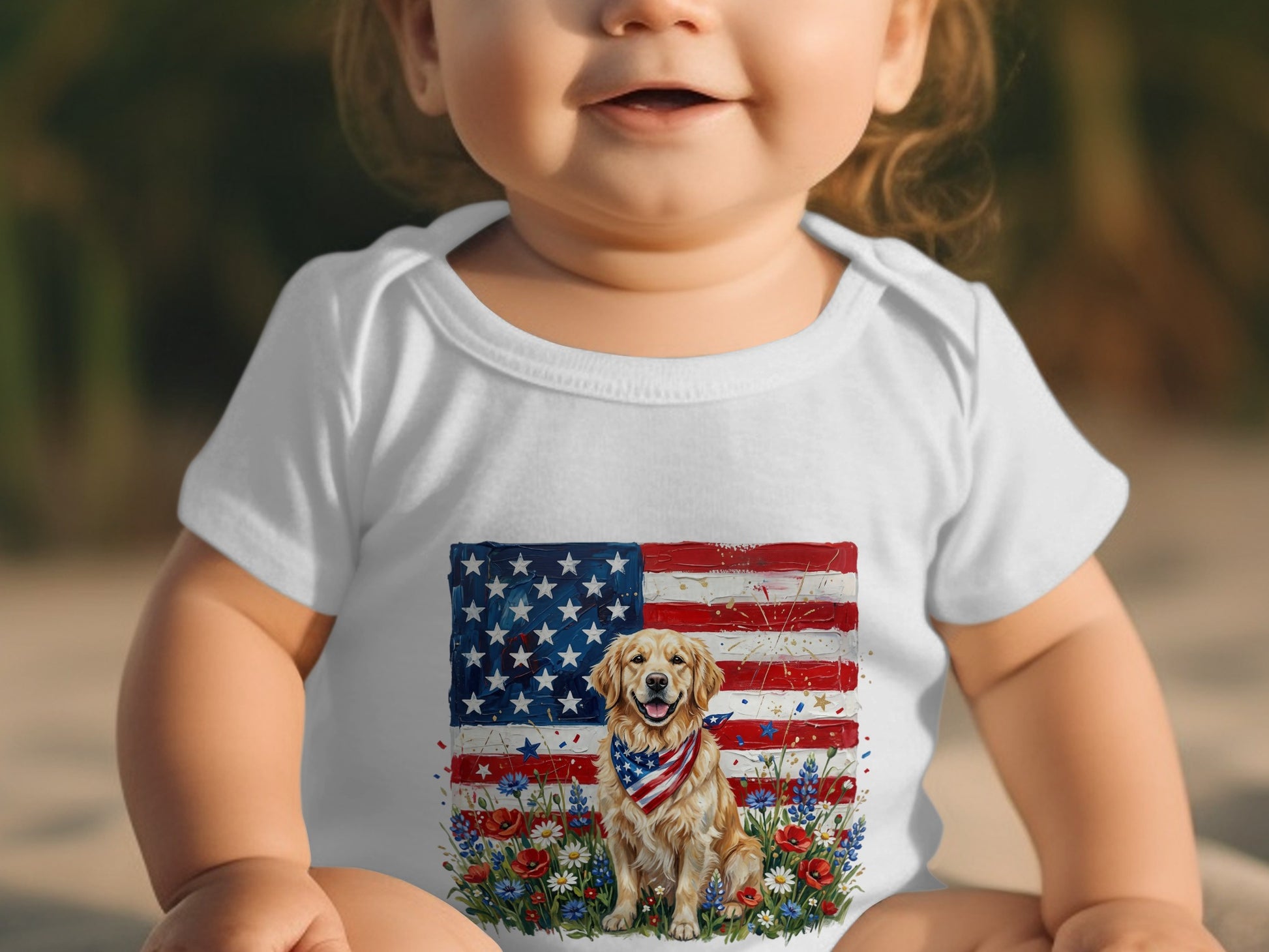 Baby in white onesie with American flag and golden retriever graphic.