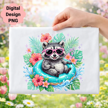 Cute raccoon in pink sunglasses floats in a turquoise pool float surrounded by flowers.