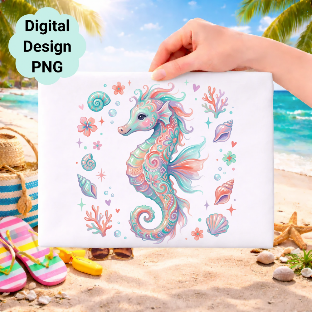 Whimsical seahorse illustration with seashells and coral on a beach background.