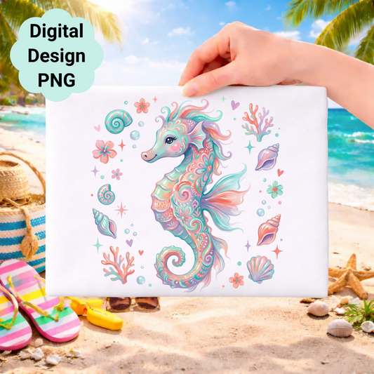 Whimsical seahorse illustration with seashells and coral on a beach background.