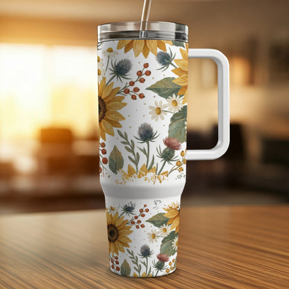 Sunflower and thistle floral pattern on white travel tumbler with handle.