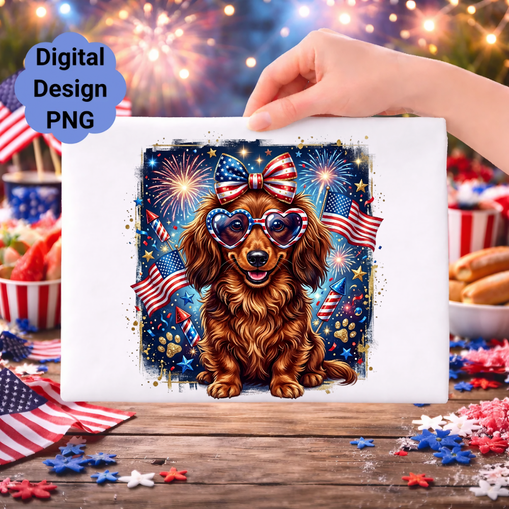 Dachshund in patriotic heart sunglasses with fireworks and flags.