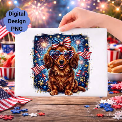 Dachshund in patriotic heart sunglasses with fireworks and flags.