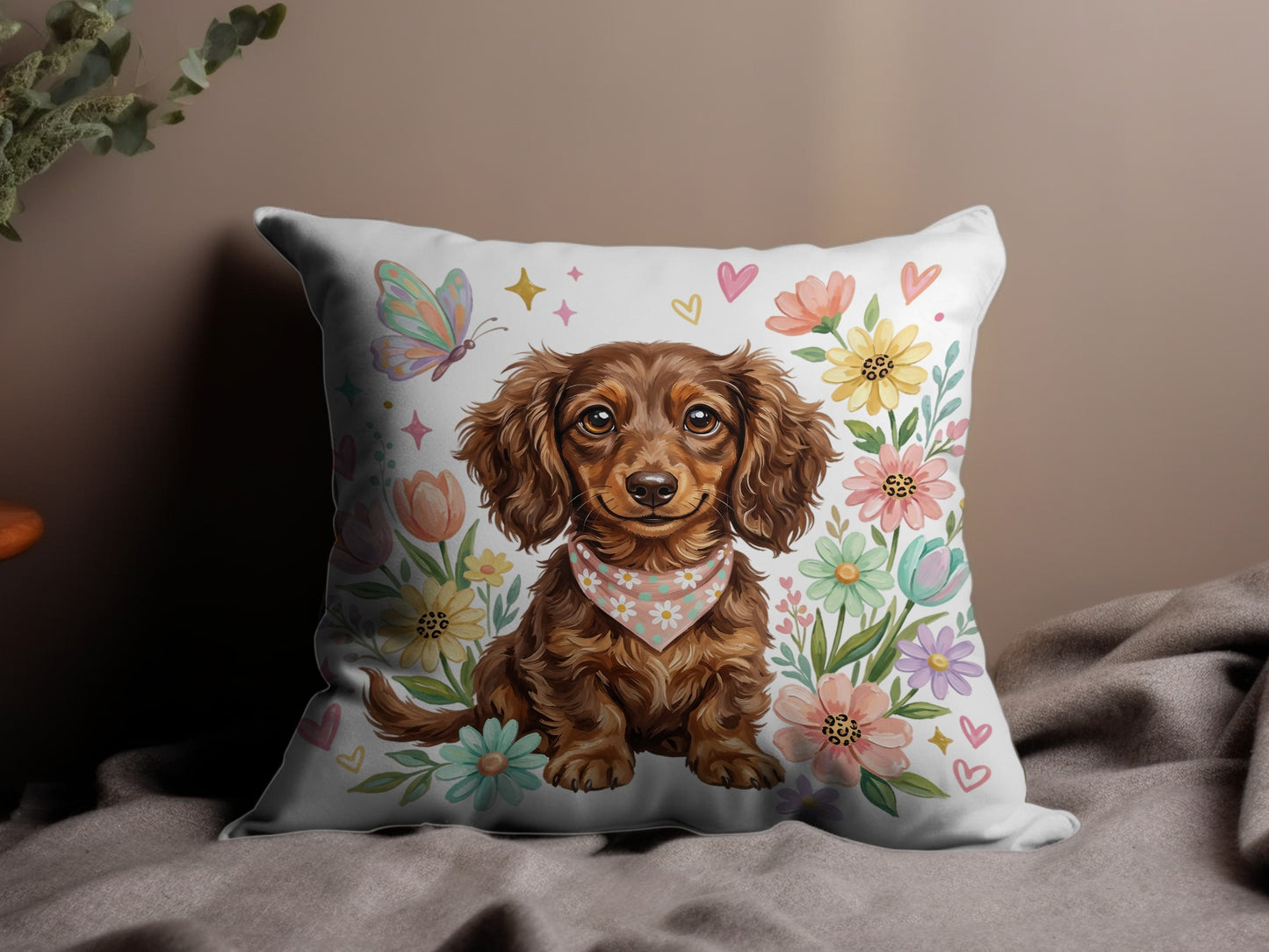 Brown dachshund wearing a bandana, surrounded by watercolor flowers and butterflies.