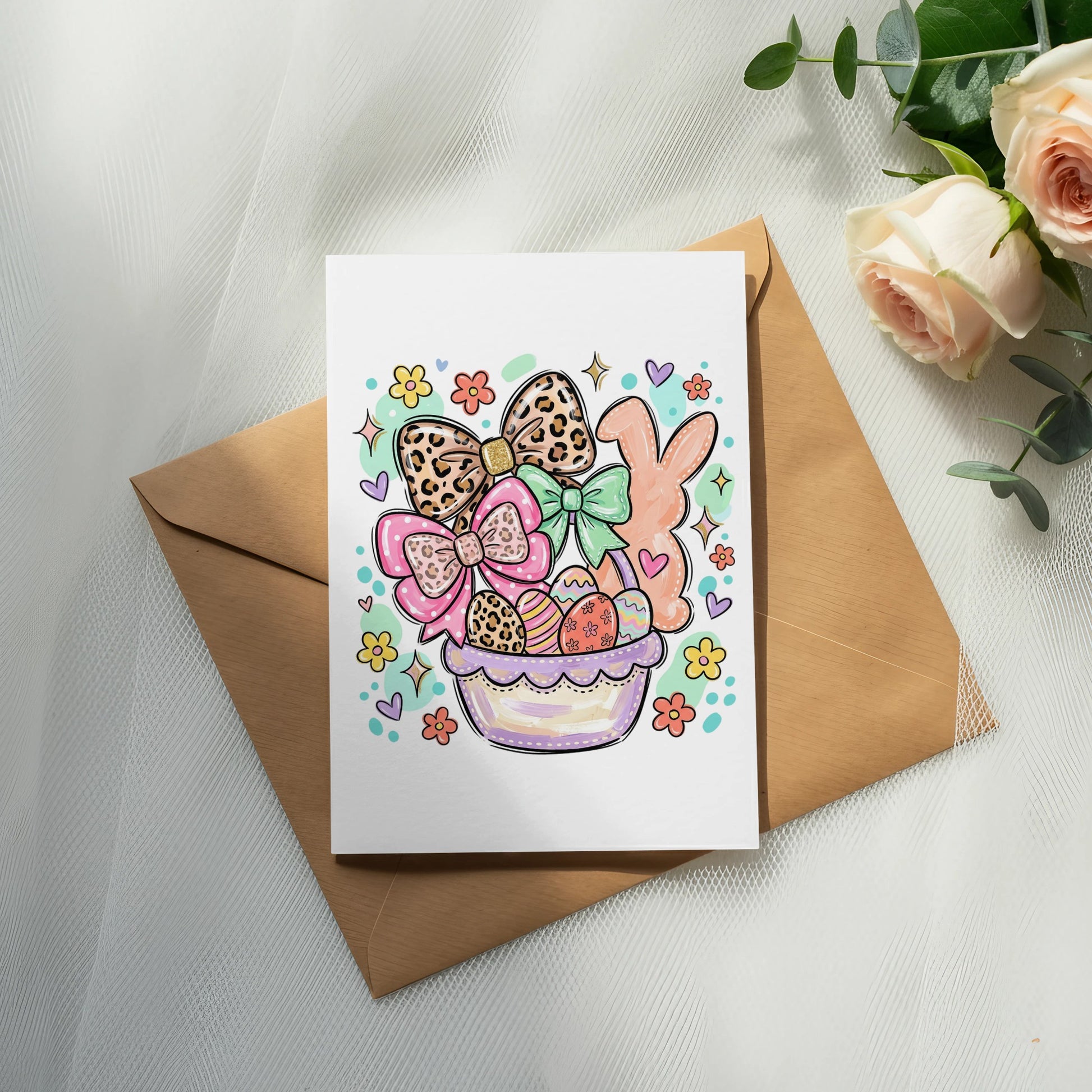 Easter card with basket of decorated eggs, bunny, and bows.