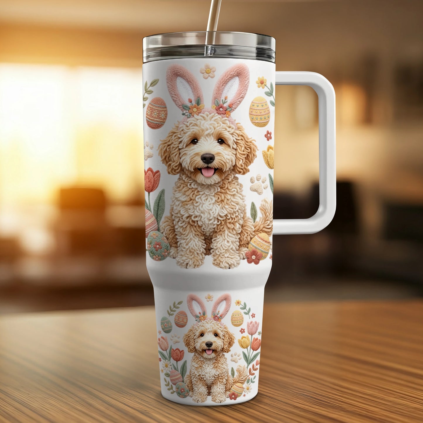 Easter dog tumbler with floral and egg pattern.