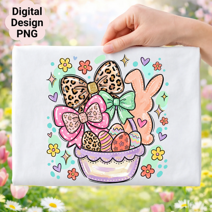 Easter basket with eggs, bows, and bunny, with "Digital Design PNG" text.