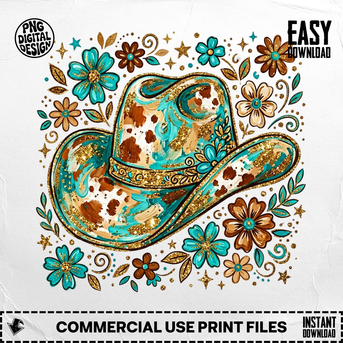 Cowboy hat with floral accents and gold glitter.