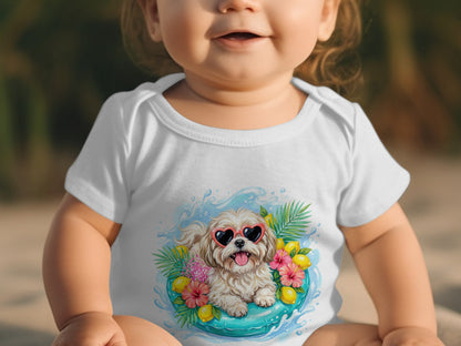 Baby wearing white onesie with a cartoon dog in heart sunglasses on a float.