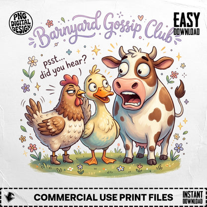 Cartoon chicken, duck, and cow with speech bubbles, "Barnyard Gossip Club".