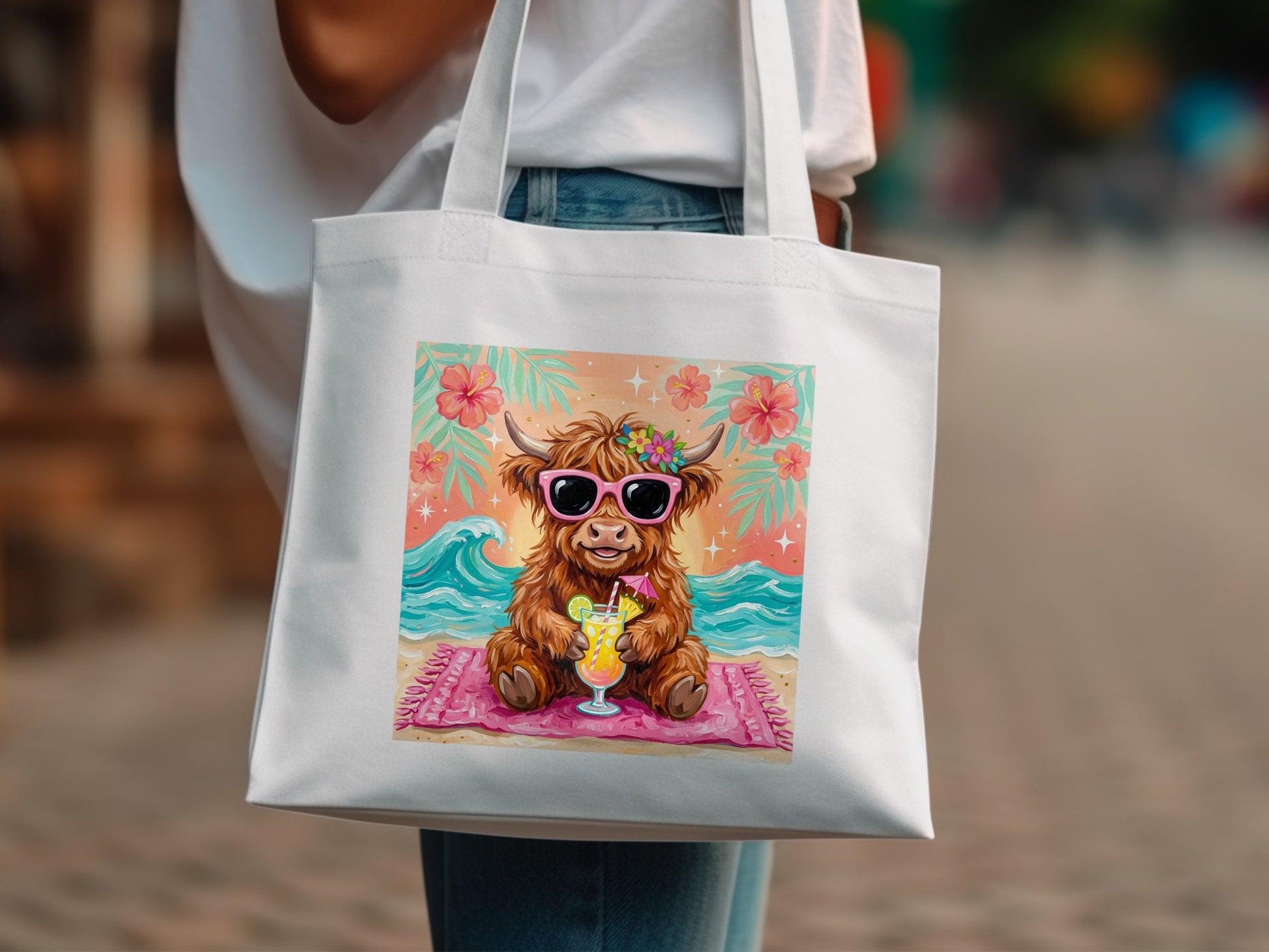 Highland cow wearing sunglasses and a flower crown on a beach.