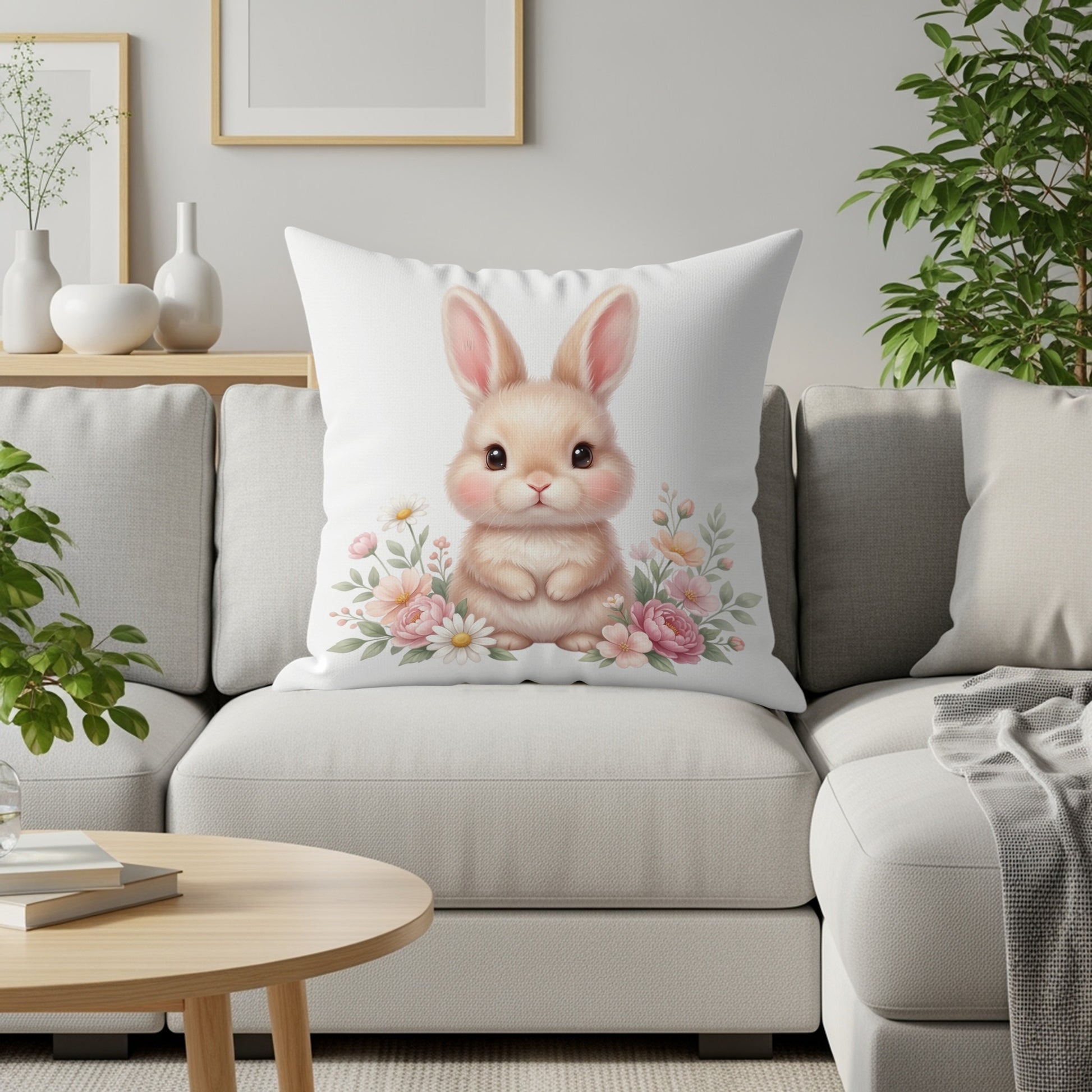Fluffy bunny surrounded by flowers on a white throw pillow.
