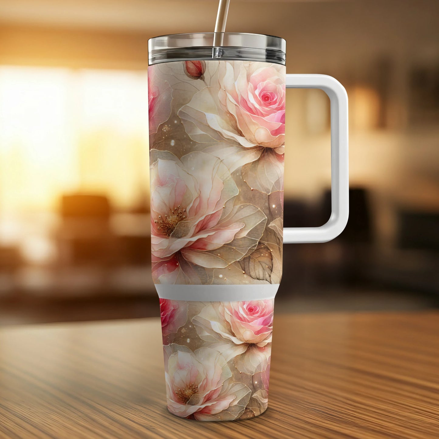 Floral tumbler with pink roses and leaves on a wooden surface.