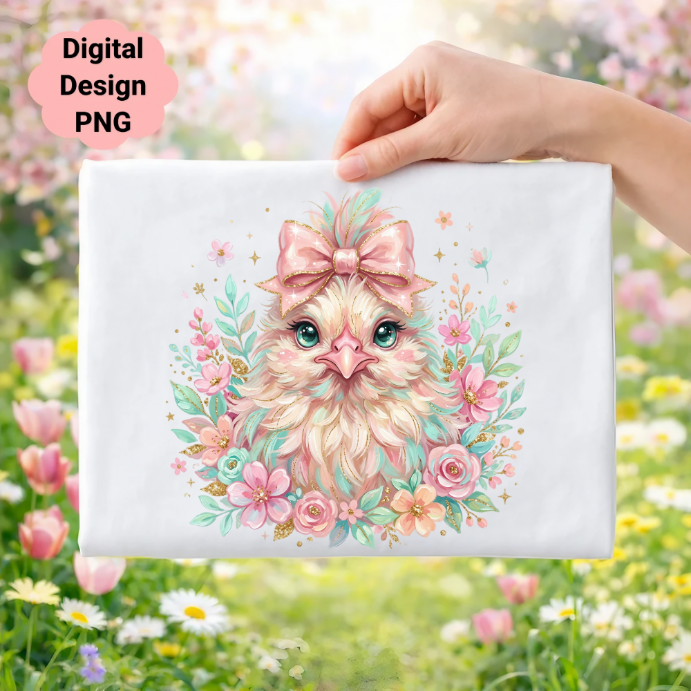 Watercolor chick with pink bow surrounded by pastel flowers and foliage.