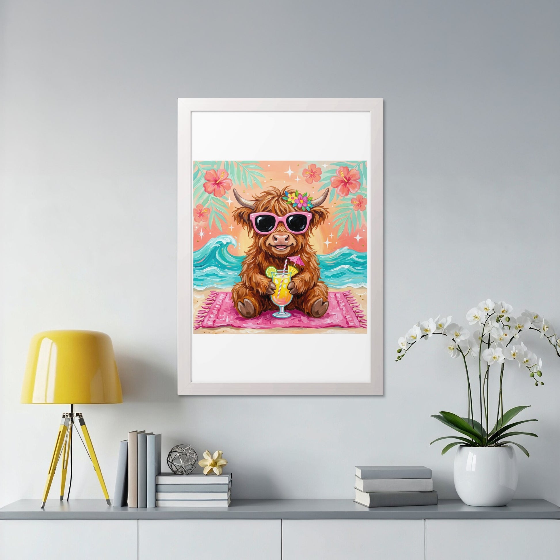 Highland cow in sunglasses sits on a beach towel with a cocktail.