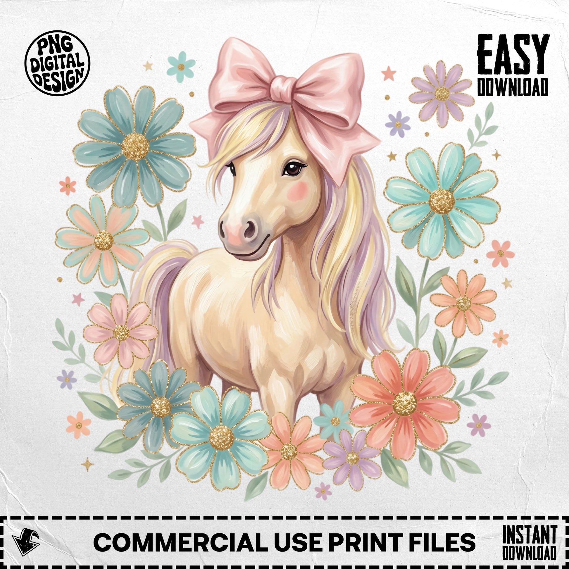 A pastel unicorn with a pink bow surrounded by colorful flowers.