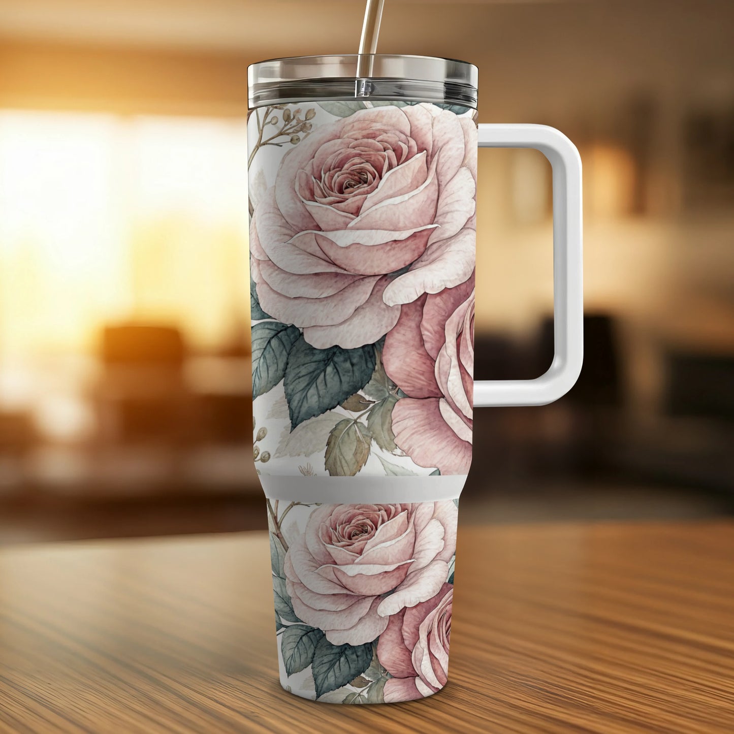 White tumbler with pink roses and green leaves, straw.