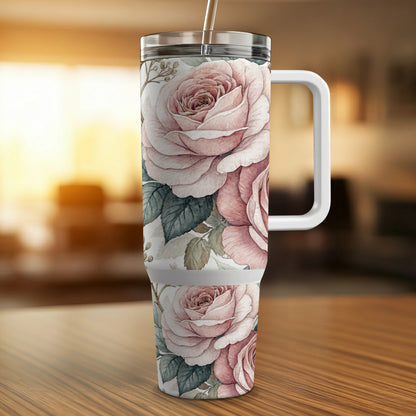 White tumbler with pink roses and green leaves, straw.