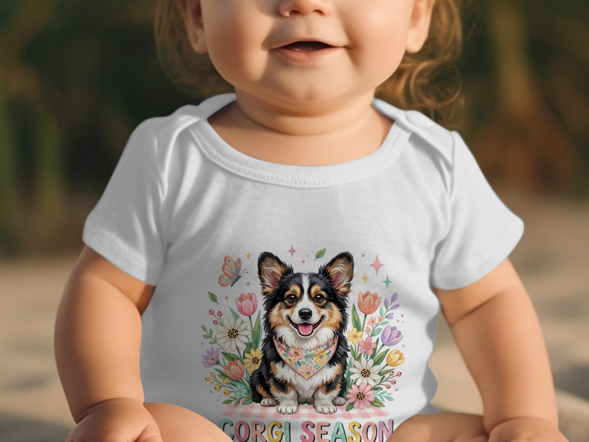 Baby wearing white onesie with a corgi and flowers graphic, "CORGI SEASON" text.