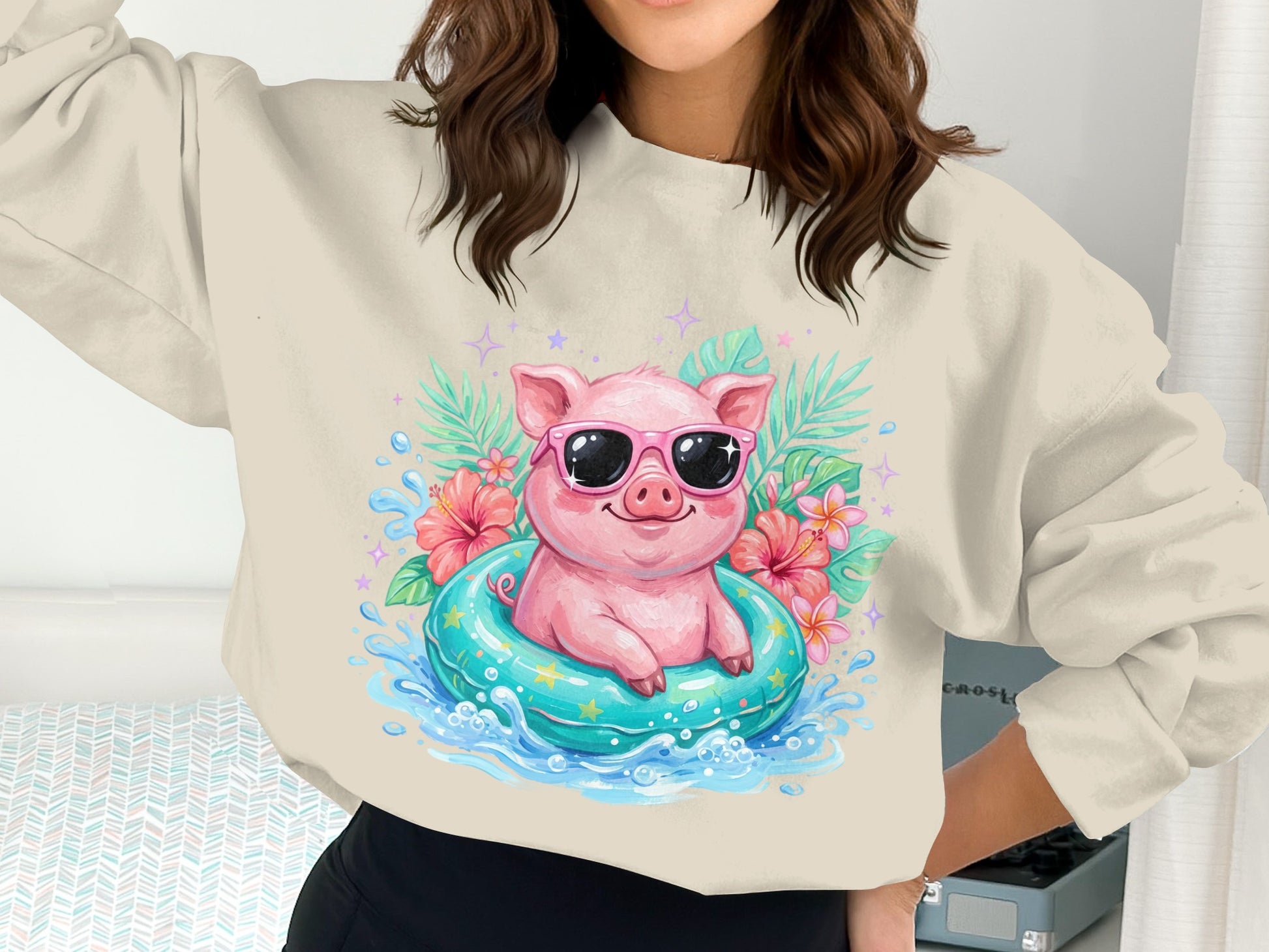 Pig wearing sunglasses floats in inflatable tube with tropical foliage.