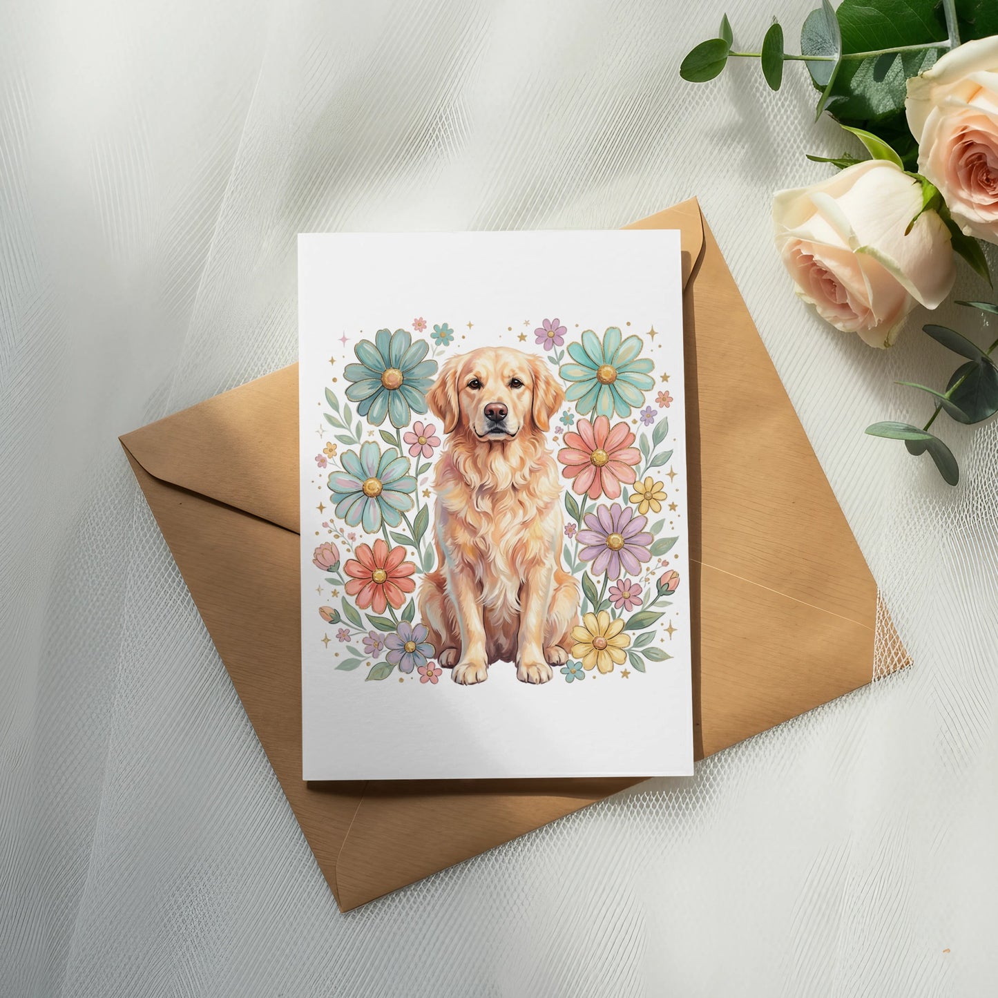 Golden retriever surrounded by colorful cartoon flowers on a card atop an envelope.