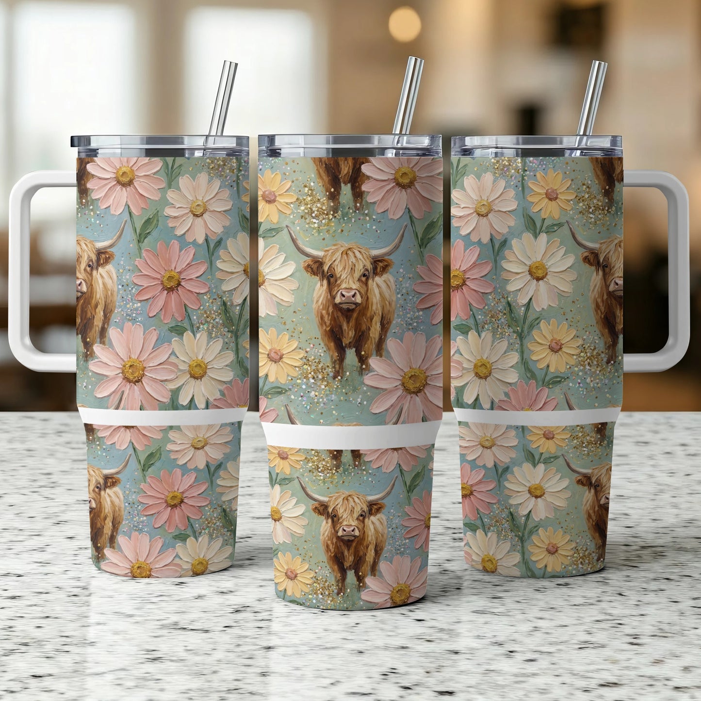 Tall tumbler with highland cow and floral pattern.