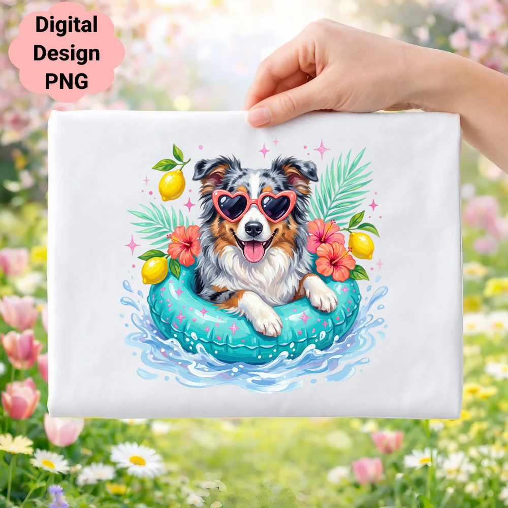 Dog wearing sunglasses in a pool float, surrounded by lemons and flowers.