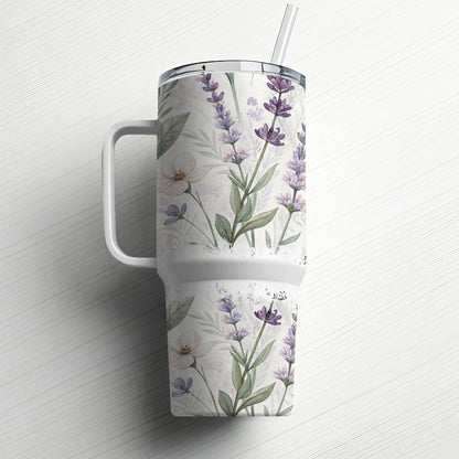 White tumbler with lavender floral pattern and handle.