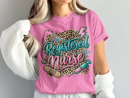 Registered Nurse text with stethoscope, band-aid, syringe, and lightning bolt.