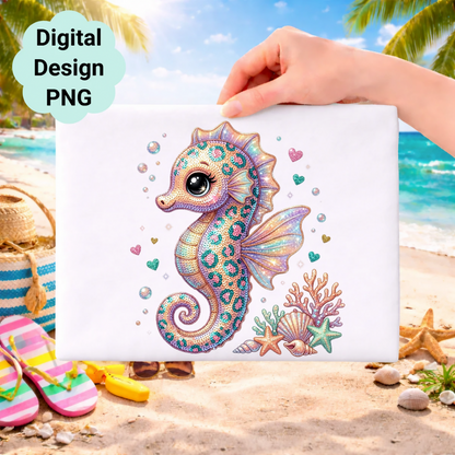 Sparkling cartoon seahorse with coral and seashells on a beach background.