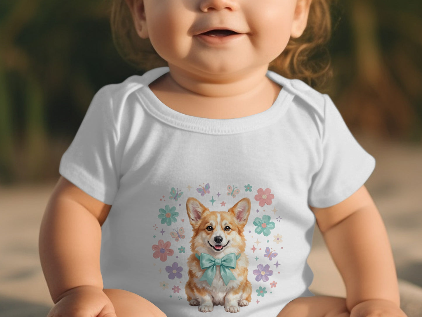 Baby in white onesie with corgi and butterfly graphic.
