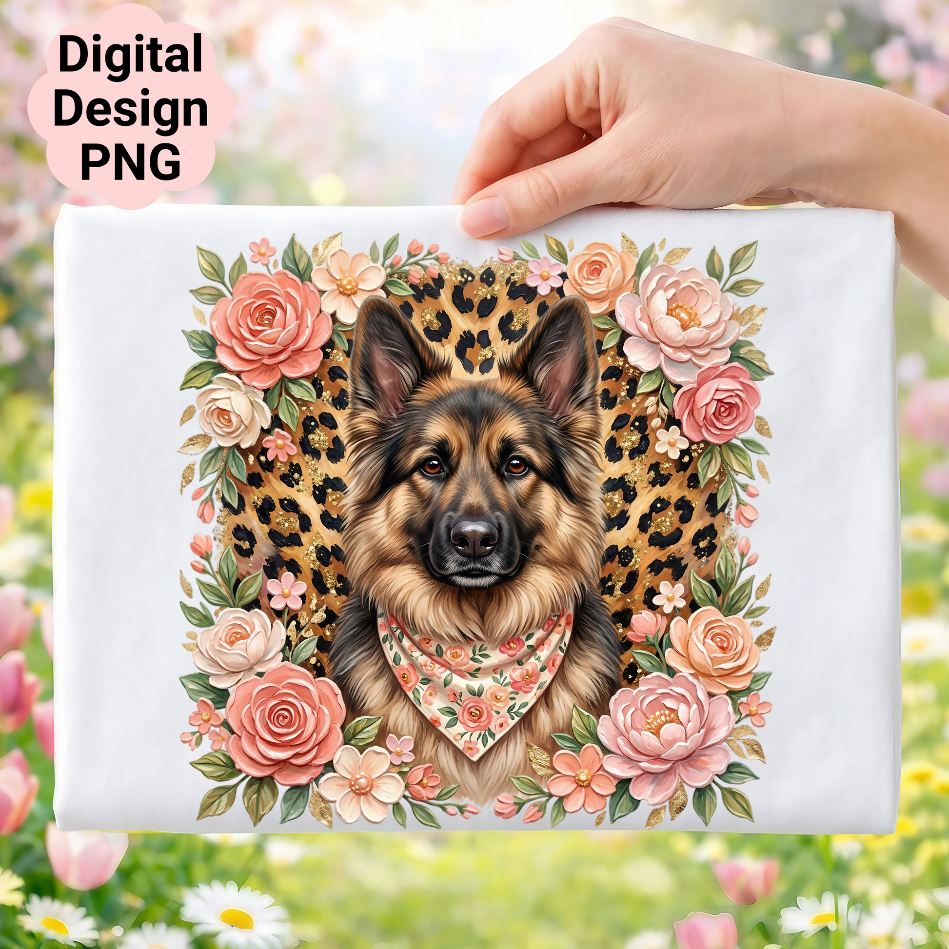 German Shepherd portrait surrounded by floral wreath and leopard print.