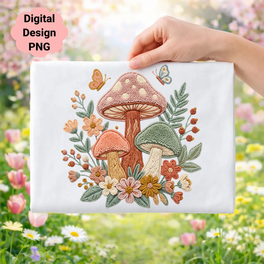 Embroidery design of mushrooms and butterflies on fabric.